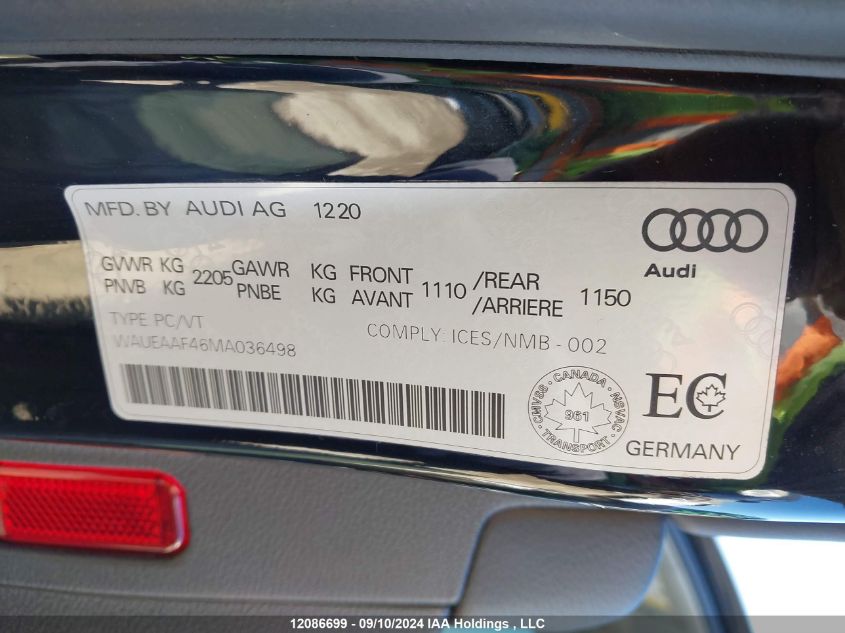 2021 Audi A4 VIN: WAUEAAF46MA036498 Lot: 12086699