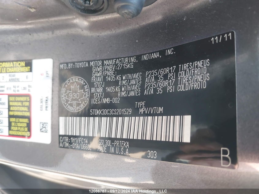 2012 Toyota Sienna Le VIN: 5TDKK3DC3CS201529 Lot: 12086787