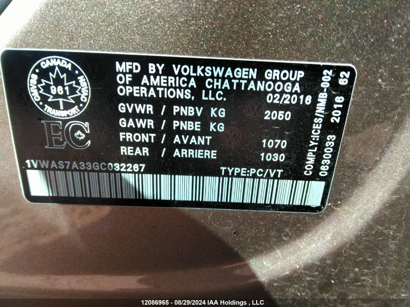 1VWAS7A33GC032267 2016 Volkswagen Passat