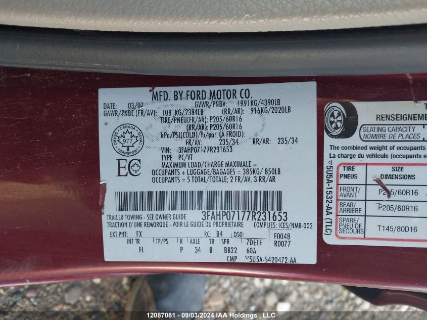 3FAHP07177R231653 2007 Ford Fusion Se