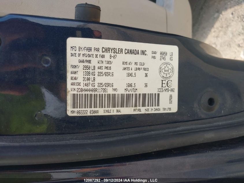 2008 Dodge Grand Caravan Se VIN: 2D8HN44H08R117351 Lot: 12087292