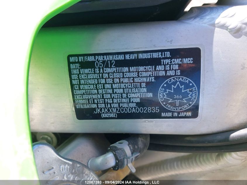 2013 Kawasaki Kx250 Z VIN: JKAKXMZC0DA002835 Lot: 12087393