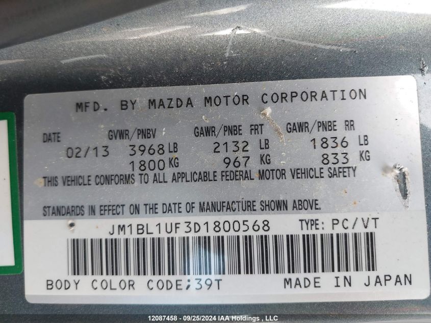 2013 Mazda 3 I VIN: JM1BL1UF3D1800568 Lot: 12087458