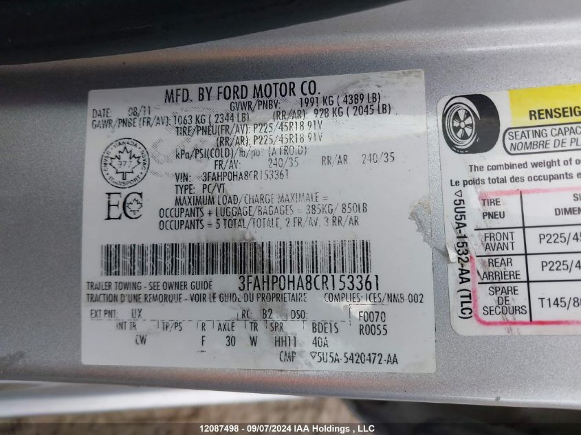 2012 Ford Fusion VIN: 3FAHP0HA8CR153361 Lot: 12087498