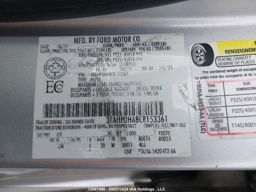 2012 Ford Fusion VIN: 3FAHP0HA8CR153361 Lot: 12087498