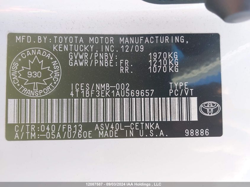 2010 Toyota Camry VIN: 4T1BF3EK1AU569657 Lot: 12087587