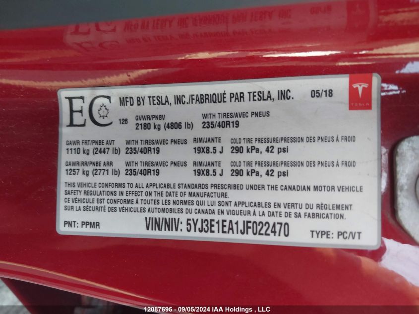 5YJ3E1EA1JF022470 2018 Tesla Model 3 Long Range/Mid Range