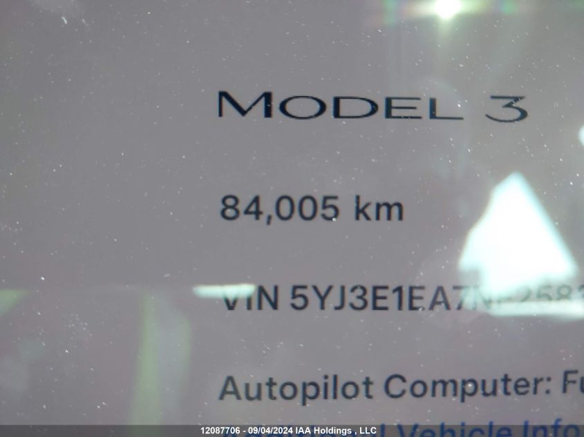 2022 Tesla Model 3 VIN: 5YJ3E1EA7NF258398 Lot: 12087706