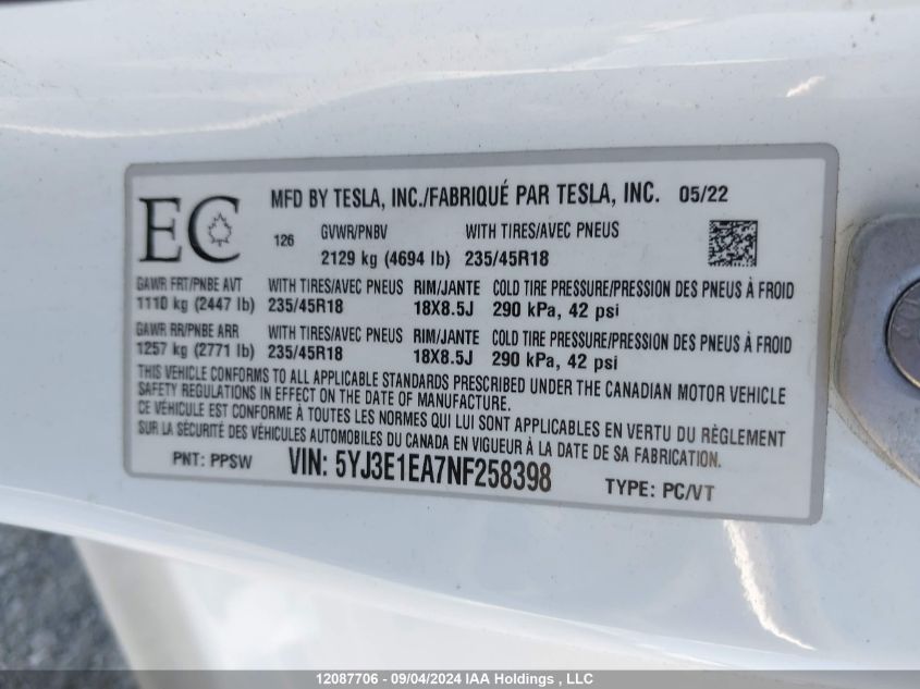 2022 Tesla Model 3 VIN: 5YJ3E1EA7NF258398 Lot: 12087706