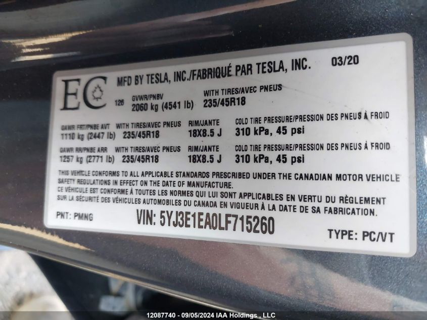 2020 Tesla Model 3 VIN: 5YJ3E1EA0LF715260 Lot: 12087740