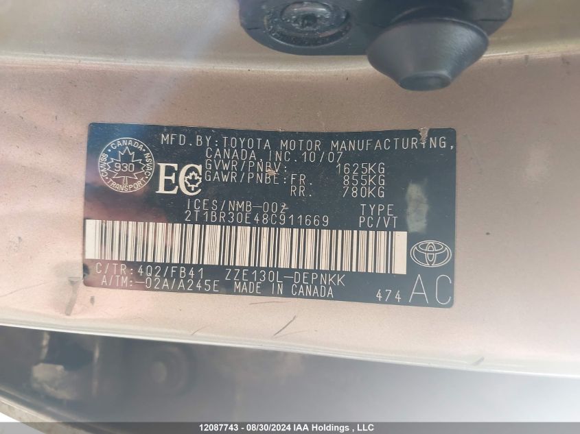 2008 Toyota Corolla Le VIN: 2T1BR30E48C911669 Lot: 12087743