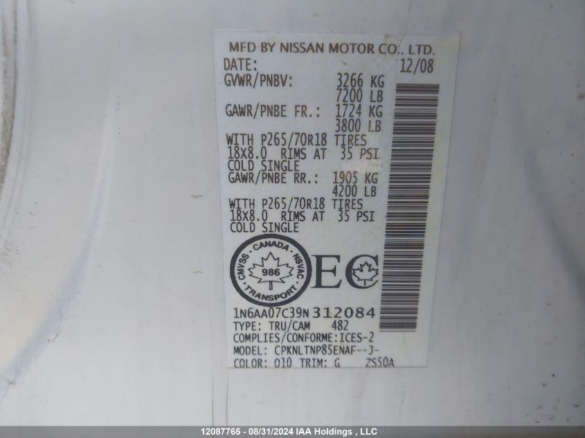 2009 Nissan Titan Xe/Se/Le/Pro-4X VIN: 1N6AA07C39N312084 Lot: 12087765