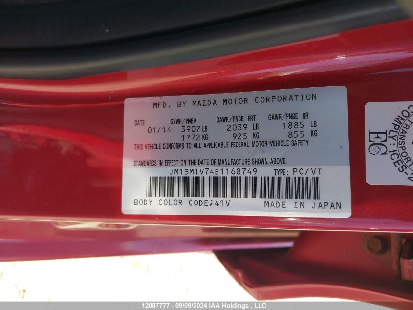 2014 Mazda 3 Touring VIN: JM1BM1V74E1168749 Lot: 12087777