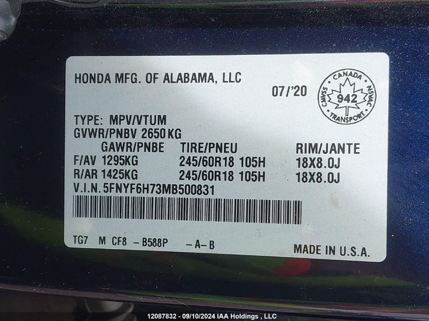 5FNYF6H73MB500831 2021 Honda Pilot