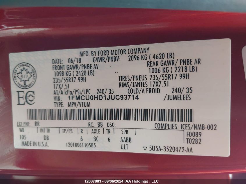 2018 Ford Escape Sel VIN: 1FMCU0HD1JUC93714 Lot: 12087883