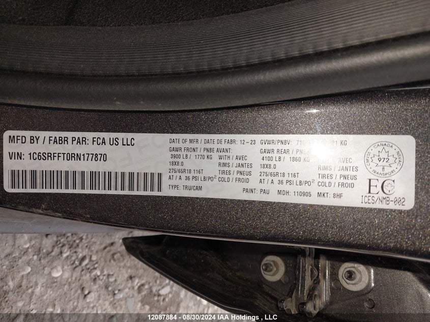 2024 Ram 1500 Big Horn/Lone Star VIN: 1C6SRFFT0RN177870 Lot: 12087884