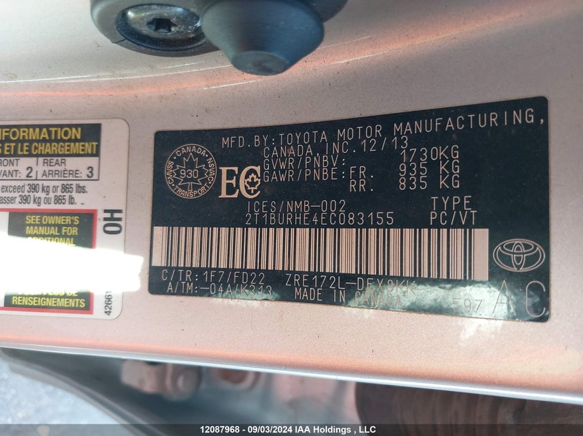 2014 Toyota Corolla L/Le/Le Pls/Prm/S/S Pls VIN: 2T1BURHE4EC083155 Lot: 12087968