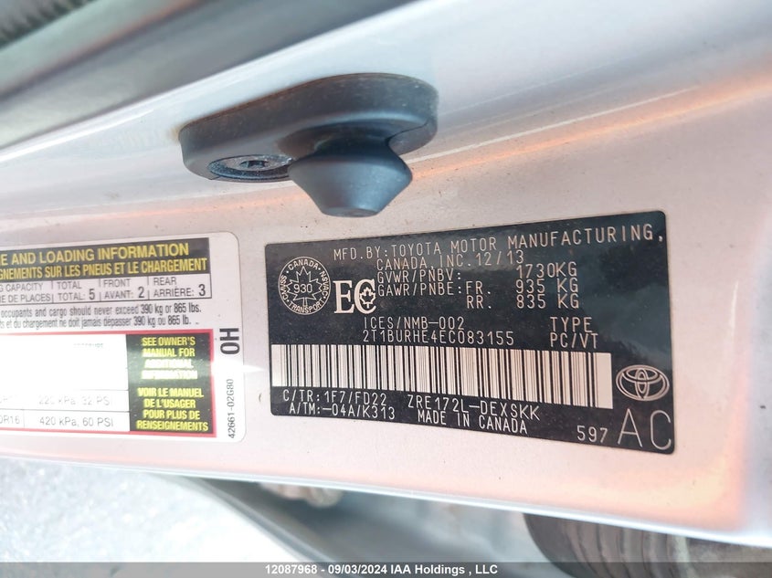 2014 Toyota Corolla L/Le/Le Pls/Prm/S/S Pls VIN: 2T1BURHE4EC083155 Lot: 12087968