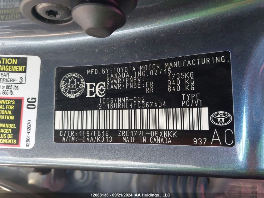 2T1BURHE4FC367404 2015 Toyota Corolla L/Le/Le Pls/Prm/S/S Pls