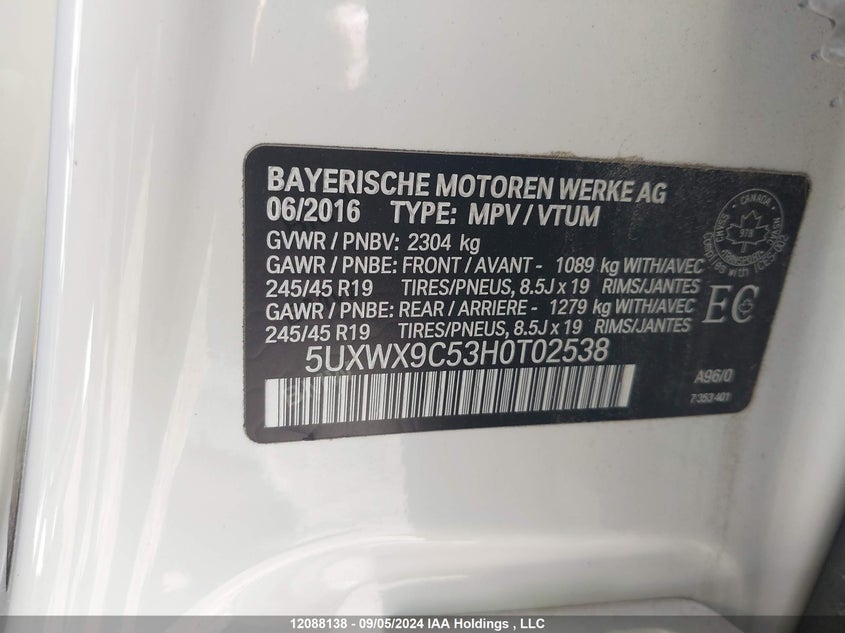 2017 BMW X3 xDrive28I VIN: 5UXWX9C53H0T02538 Lot: 12088138