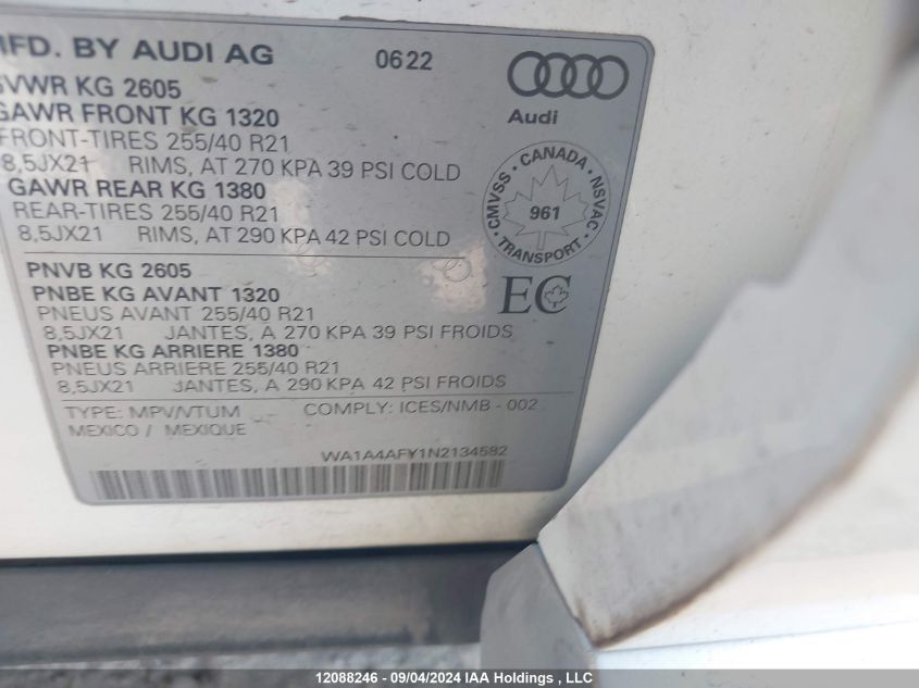 2022 Audi Sq5 Premium VIN: WA1A4AFY1N2134582 Lot: 12088246