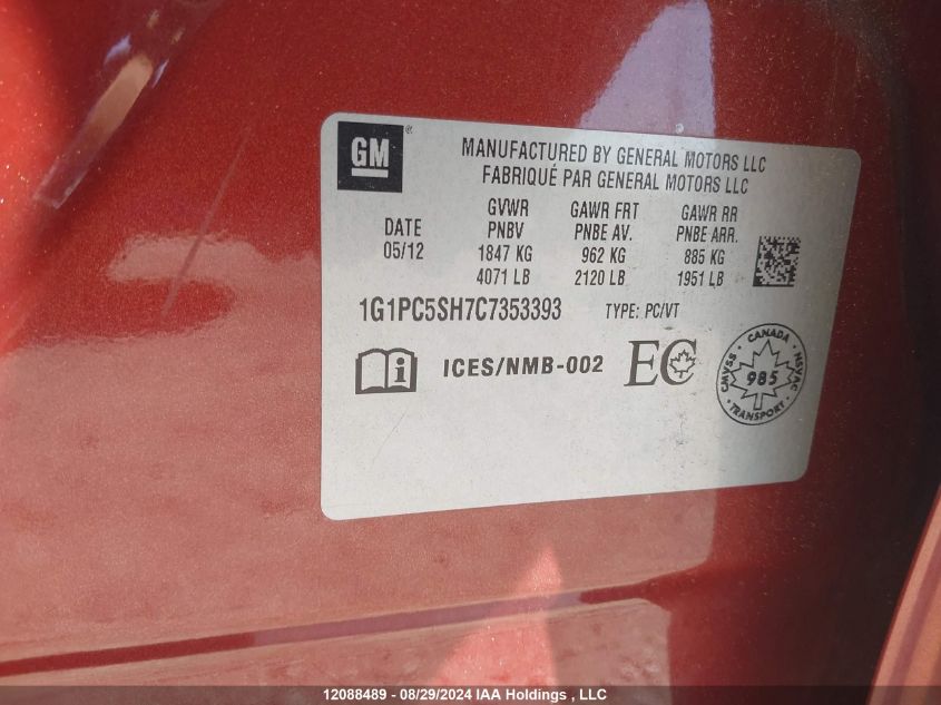 2012 Chevrolet Cruze Ls VIN: 1G1PC5SH7C7353393 Lot: 12088489