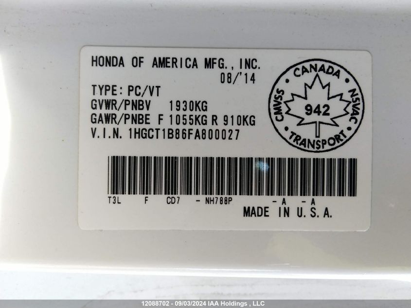 1HGCT1B86FA800027 2015 Honda Accord Exl