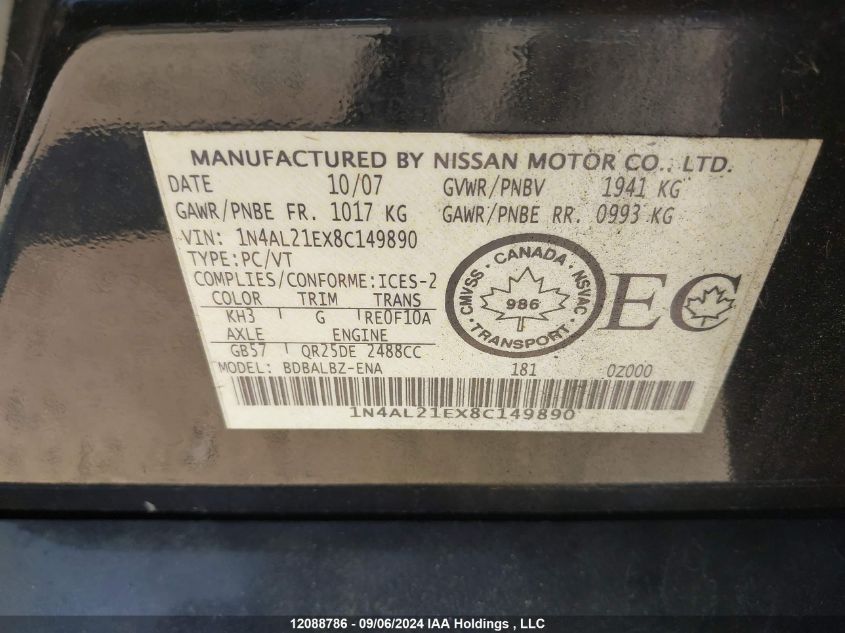 2008 Nissan Altima 2.5/2.5S VIN: 1N4AL21EX8C149890 Lot: 12088786