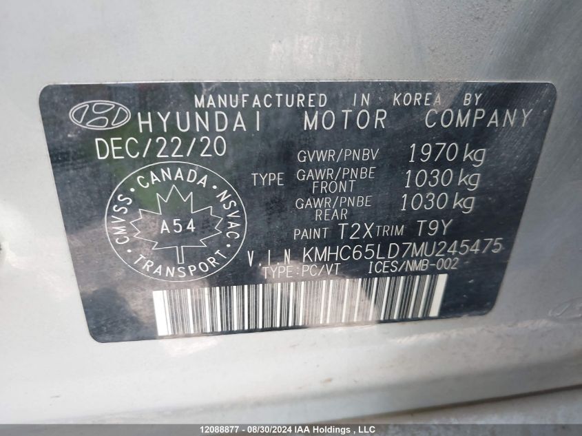 2021 Hyundai Ioniq Se VIN: KMHC65LD7MU245475 Lot: 12088877