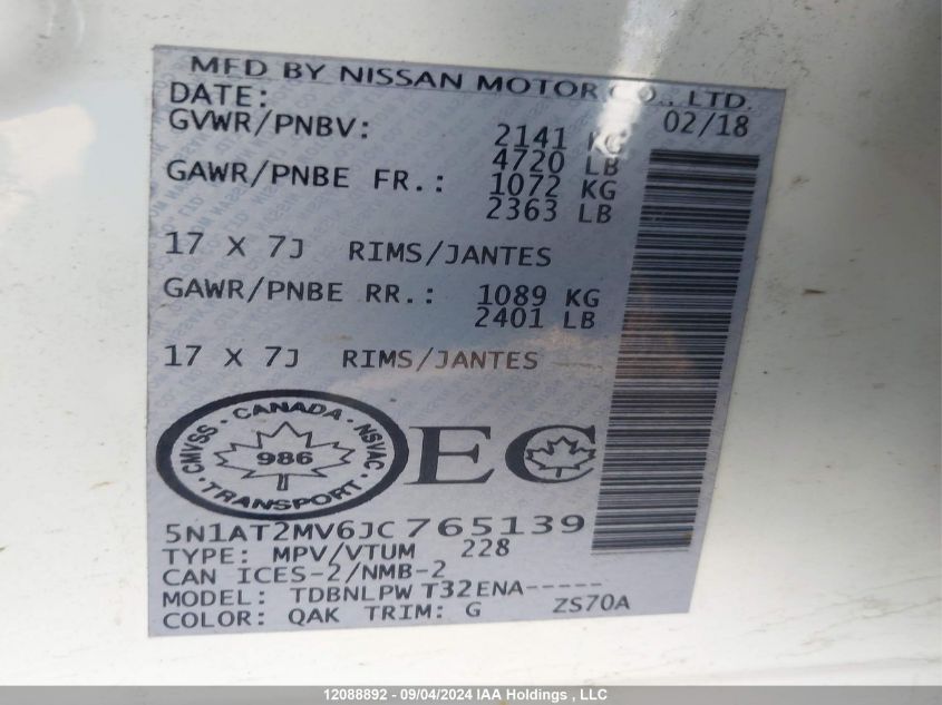 2018 Nissan Rogue Sv/Sl VIN: 5N1AT2MV6JC765139 Lot: 12088892