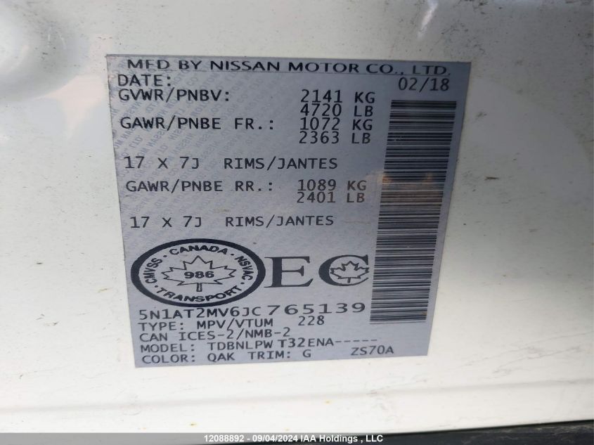 2018 Nissan Rogue Sv/Sl VIN: 5N1AT2MV6JC765139 Lot: 12088892