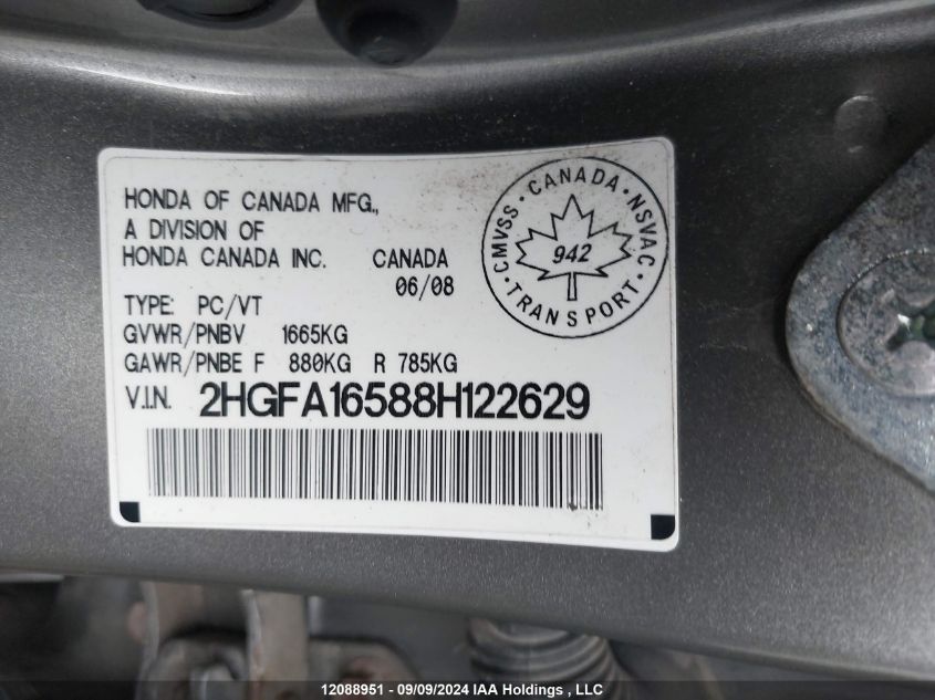 2HGFA16588H122629 2008 Honda Civic Sdn