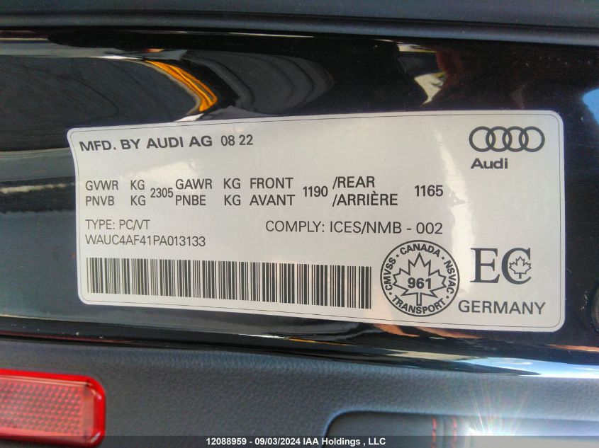 2023 Audi S4 Sedan VIN: WAUC4AF41PA013133 Lot: 12088959