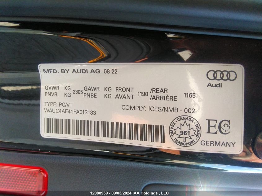 2023 Audi S4 Sedan VIN: WAUC4AF41PA013133 Lot: 12088959