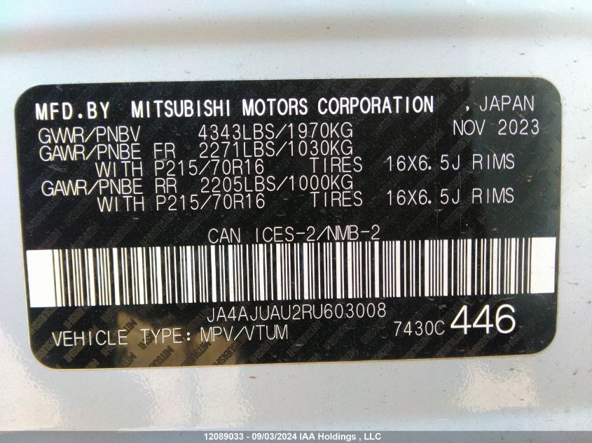 2024 Mitsubishi Rvr VIN: JA4AJUAU2RU603008 Lot: 12089033