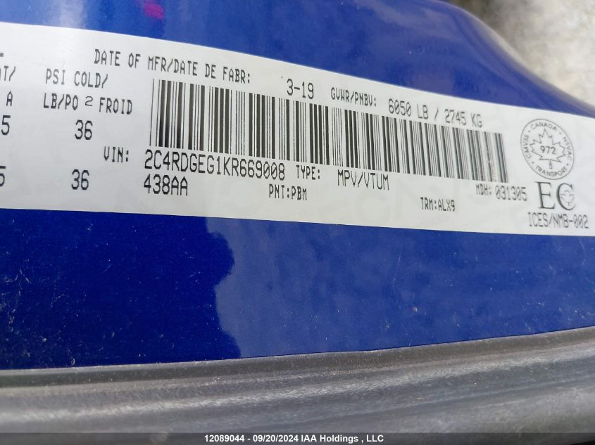 2019 Dodge Grand Caravan Gt VIN: 2C4RDGEG1KR669008 Lot: 12089044