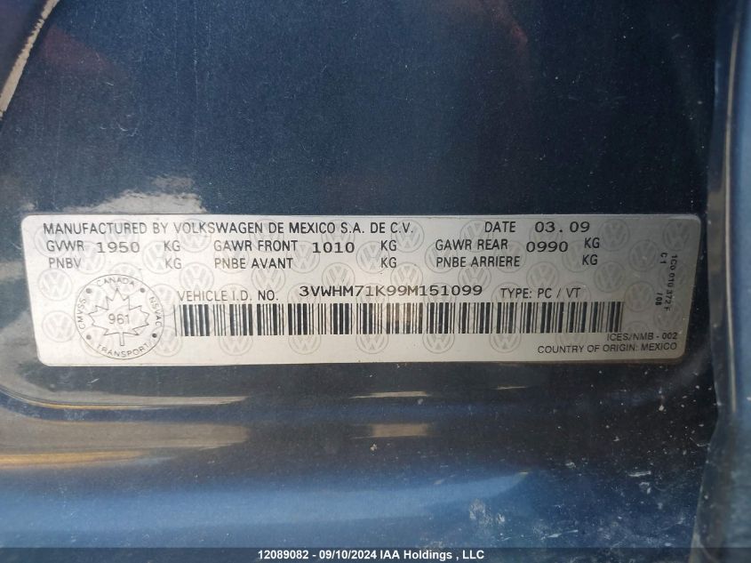2009 Volkswagen Jetta S VIN: 3VWHM71K99M151099 Lot: 12089082