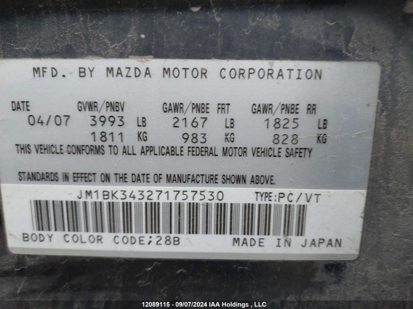 2007 Mazda Mazda3 VIN: JM1BK343271757530 Lot: 12089115