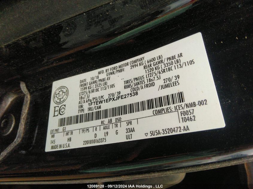 2018 Ford F-150 Lariat VIN: 1FTEW1EPXJFE27538 Lot: 12089128