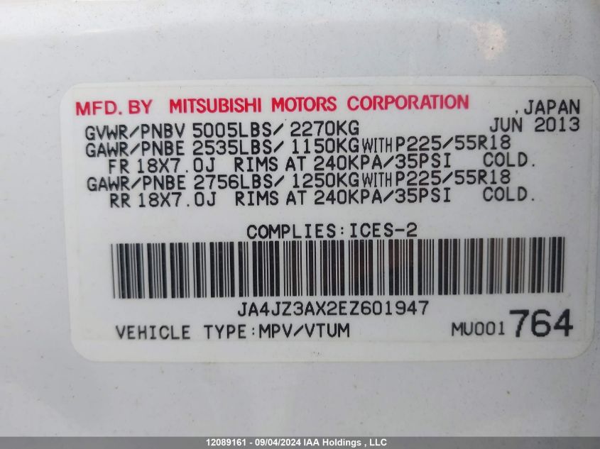 2014 Mitsubishi Outlander VIN: JA4JZ3AX2EZ601947 Lot: 12089161