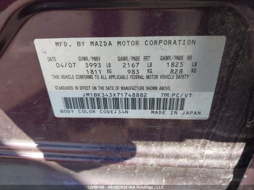 2007 Mazda Mazda3 VIN: JM1BK343X71748882 Lot: 12089165