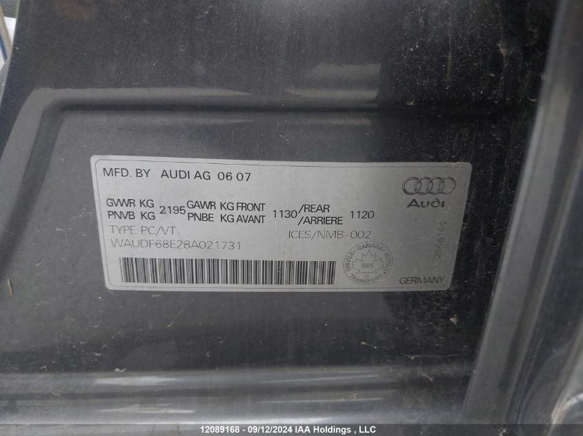 2008 Audi A4 VIN: WAUDF68E28A021731 Lot: 12089168