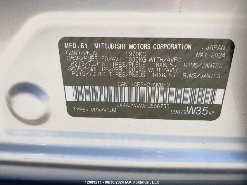 2024 Mitsubishi Rvr VIN: JA4AJVAW0RU606755 Lot: 12089211