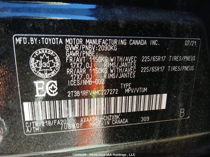 2T3B1RFV4MC227272 2021 Toyota Rav4 Le