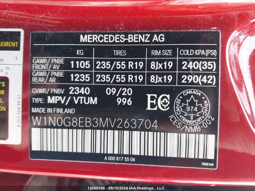 2021 Mercedes-Benz Glc 300 VIN: W1N0G8EB3MV263704 Lot: 12089398