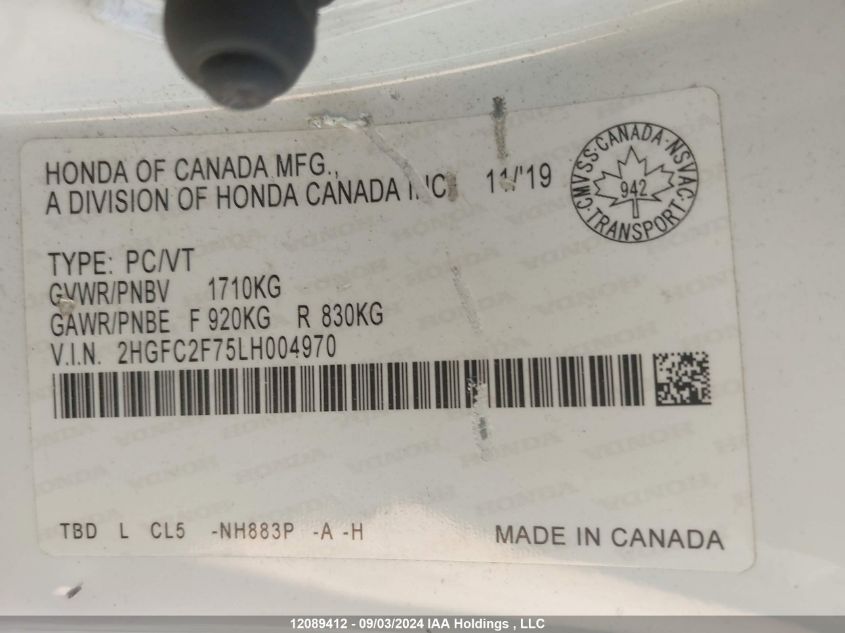 2020 Honda Civic Sedan VIN: 2HGFC2F75LH004970 Lot: 12089412