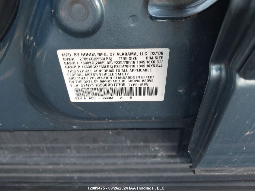 2006 Honda Pilot VIN: 5FNYF18596B017705 Lot: 12089475