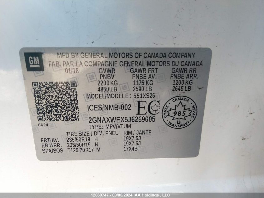 2GNAXWEX5J6269605 2018 Chevrolet Equinox Premier