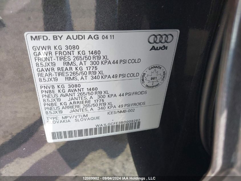 2011 Audi Q7 VIN: WA1LGCFE3BD009262 Lot: 12089902