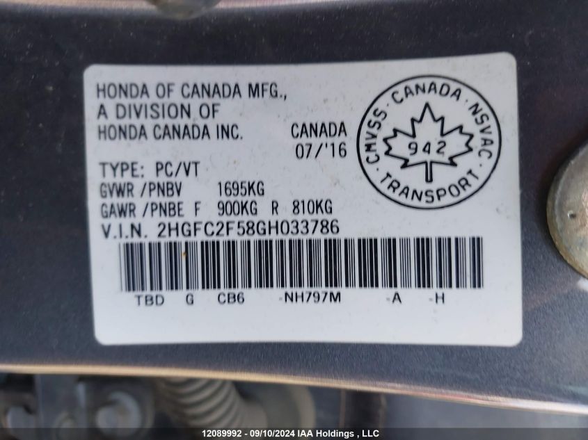 2HGFC2F58GH033786 2016 Honda Civic Lx